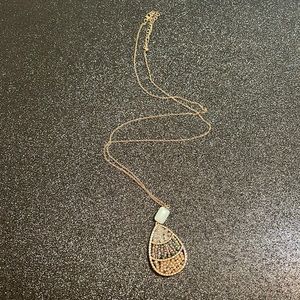 Long necklace costume gold w mint green stone and beads